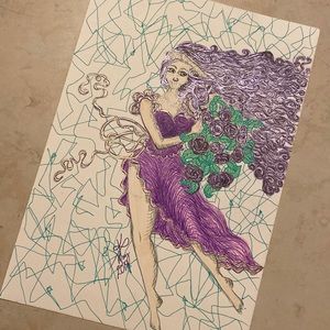 Unframed Original Art Drawing Illustration Purple Woman w Flowing Hair & Dress